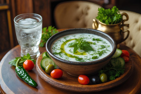 Tzatziki - traditional Greek cold soup with cucumber and herbsの素材