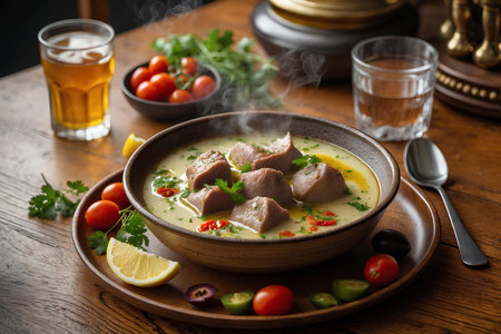 Chicken soup in a bowl on a wooden table with glass of beerの素材