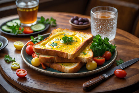 Breakfast with toast bread, eggs and vegetables on a wooden tableの素材