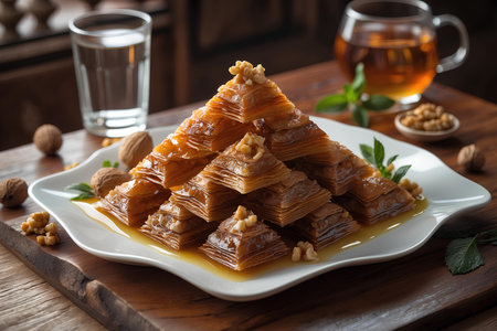 Turkish dessert baklava with honey and nuts on wooden tableの素材