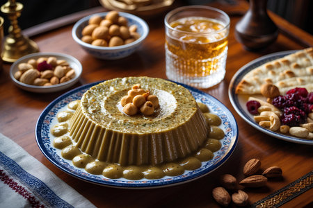 Creamy Pudding with nuts and honey on a wooden tableの素材