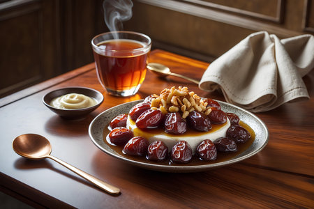 Dessert with dates and cup of tea on a wooden table.の素材