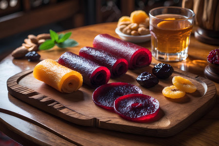 Dried fruits in syrup on a wooden board. Selective focus.の素材