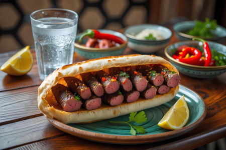 Grilled sausages in a bun on a wooden table.の素材