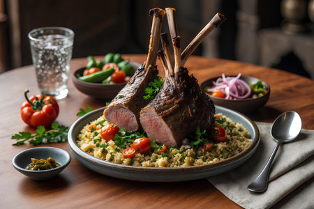 Rack of lamb with couscous and vegetables on a wooden tableの素材