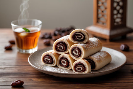 Cinnamon rolls with raisins and sugar powder on a wooden tableの素材