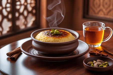 Cottage cheese pudding with a cup of tea on a wooden tableの素材