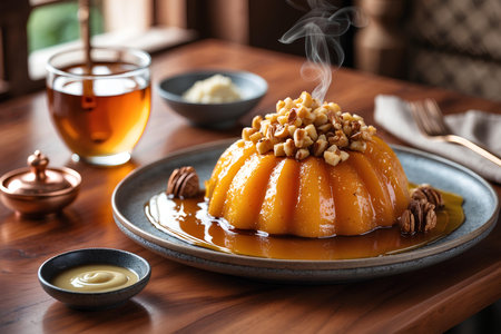 Pumpkin pudding with caramel sauce and nuts on a wooden tableの素材