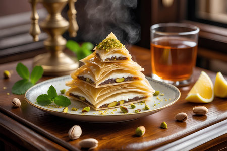Traditional turkish dessert baklava with cashew, walnuts.の素材