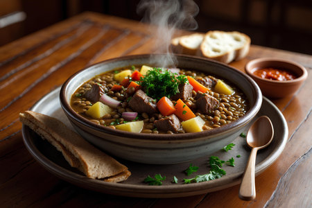 Beef stew with lentils and potatoes in a bowl on wooden tableの素材