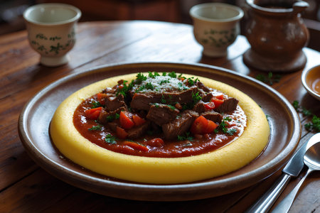 Beef Bourguignon with tomato sauce and parsley on a plateの素材