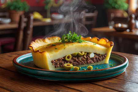 Piece of cheese pie with olives and herbs on a plateの素材