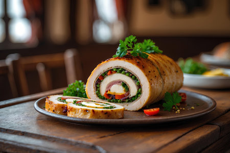 Roll with meat and vegetables on a wooden table in a restaurant.の素材