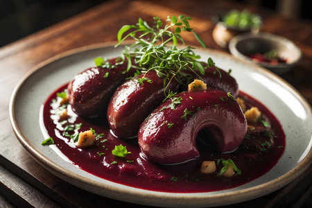Braised beetroot with thyme and walnuts on a plateの素材