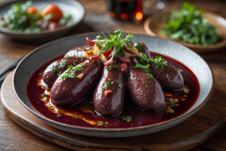 Beef liver in red wine sauce on wooden background, closeupの素材