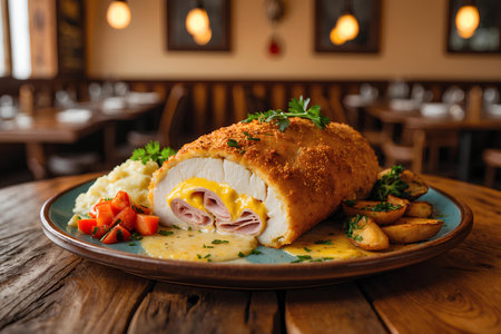 Cordon bleu stuffed with ham and cheese served with mashed potatoesの素材