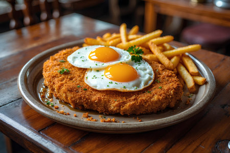Schnitzel with fried egg and french fries on wooden tableの素材