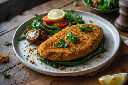 Breaded pork cutlet with arugula and tomato saladの素材