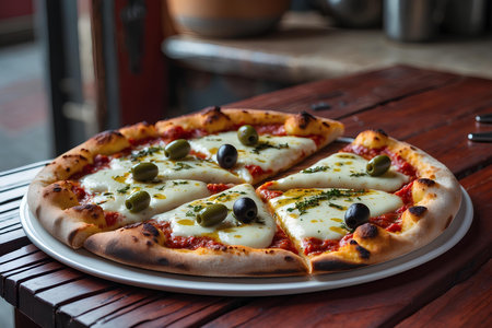 Pizza with mozzarella cheese and olives on wooden tableの素材