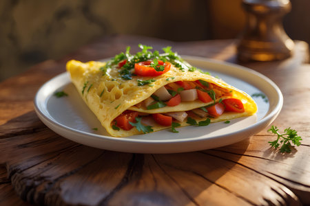 Omelet with vegetables and herbs on a wooden table. Selective focus.の素材