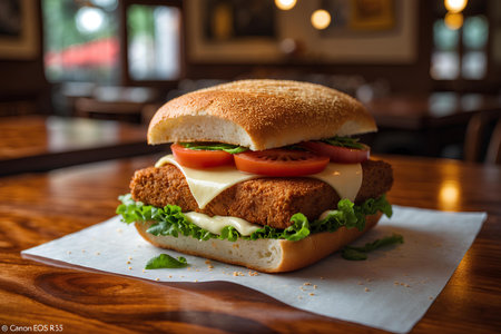 Cheese burger with tomato, lettuce and mayonnaise on a wooden tableの素材