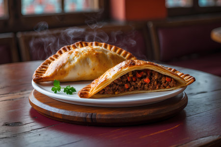 Traditional turkish baked dish pide. Meat pie stuffed with minced meat and vegetables.の素材