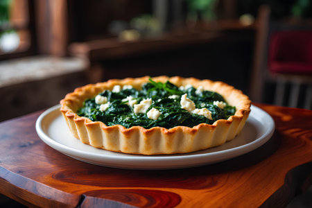 Tart with spinach and feta cheese on a white plate.の素材