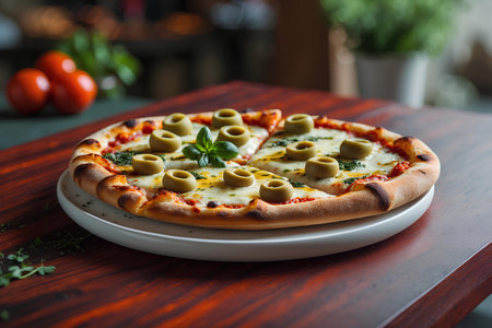 Pizza with olives and herbs on a wooden table in a restaurantの素材
