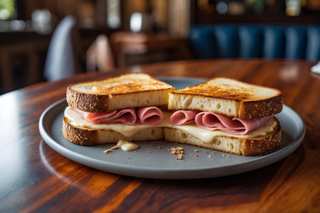 Sandwich with ham and cheese on a wooden table in a cafeの素材