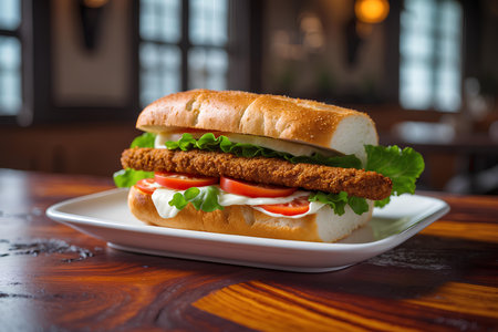 Sandwich with chicken, tomato and mozzarella on wooden tableの素材