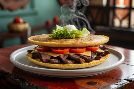 Pancakes with beef, cheese, tomato and lettuce on a wooden tableの素材