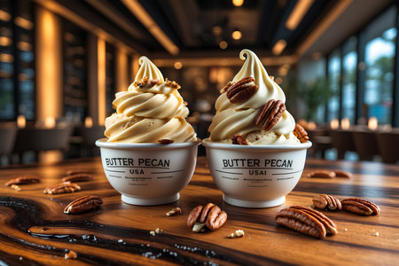 Pecan and pecan ice cream in white cup on wooden tableの素材