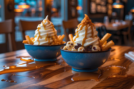 Ice cream with caramel sauce in blue bowl on wooden table in cafeの素材
