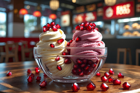 Ice cream with pomegranate seeds in glass bowl on tableの素材