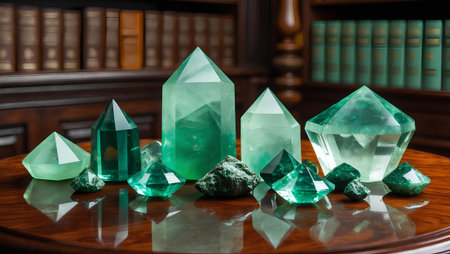 Emeralds on a wooden table in a courtroom or law enforcement officeの素材