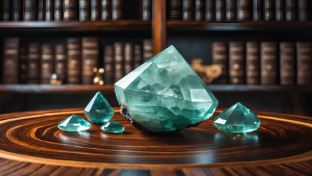 Beautiful blue crystal on a wooden table with books in the backgroundの素材