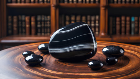 Black and white zen stones on a wooden table in a libraryの素材