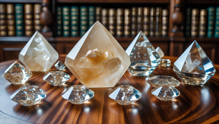 Fluorite crystals on a wooden table with books in the backgroundの素材