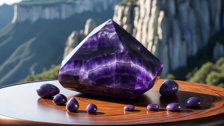 Purple amethyst on a wooden table with mountains in the backgroundの素材