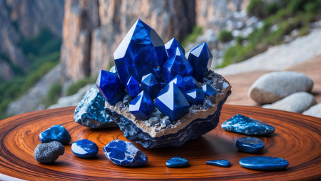 Blue crystals on a wooden plate on a background of mountains and rocksの素材