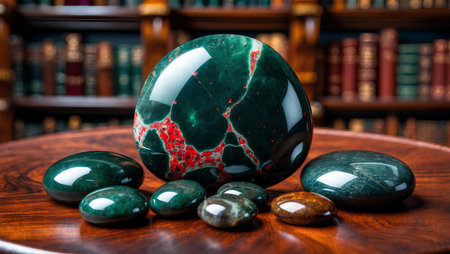 Pebbles on a round table in a library. Black background.の素材
