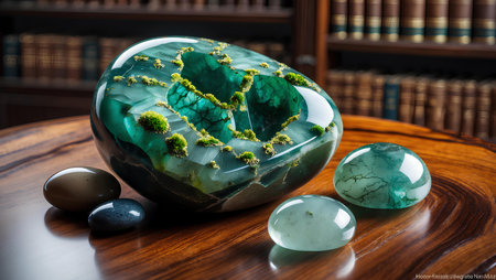 Green agate semiprecious stones on a wooden table.の素材