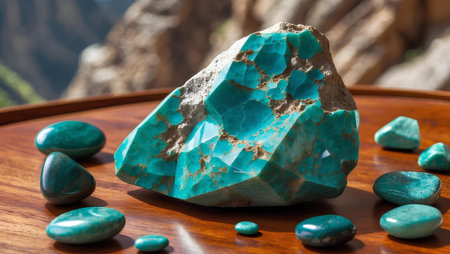 Turquoise agate on a wooden table in the mountains.の素材