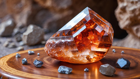 Amethyst on a wooden plate on a background of rocks and stonesの素材