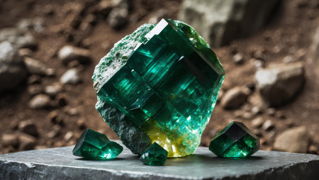 Green tourmaline on the stone. Natural background. Selective focus.の素材