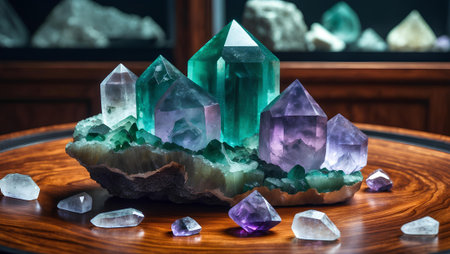 Colorful crystals of amethyst on a wooden table in a museumの素材