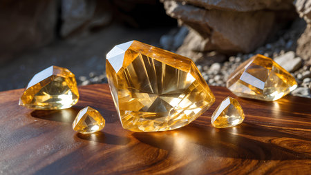 Close up of natural yellow gemstones on a wooden table in the sunlightの素材