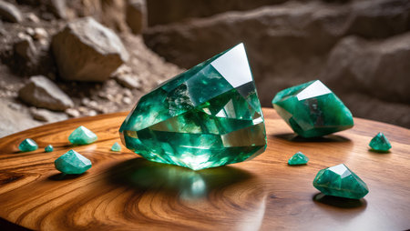 Emeralds on a wooden table in the interior of the caveの素材