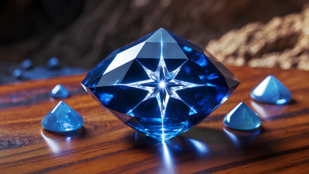 Blue diamond on a wooden table in the dark.の素材