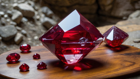 Red ruby gemstone on a wooden stand on a stone background.の素材
